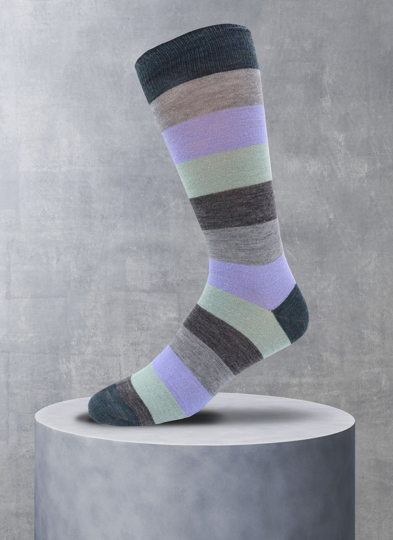 Merino Wool Color Block Stripe Sock in Grey & Aqua