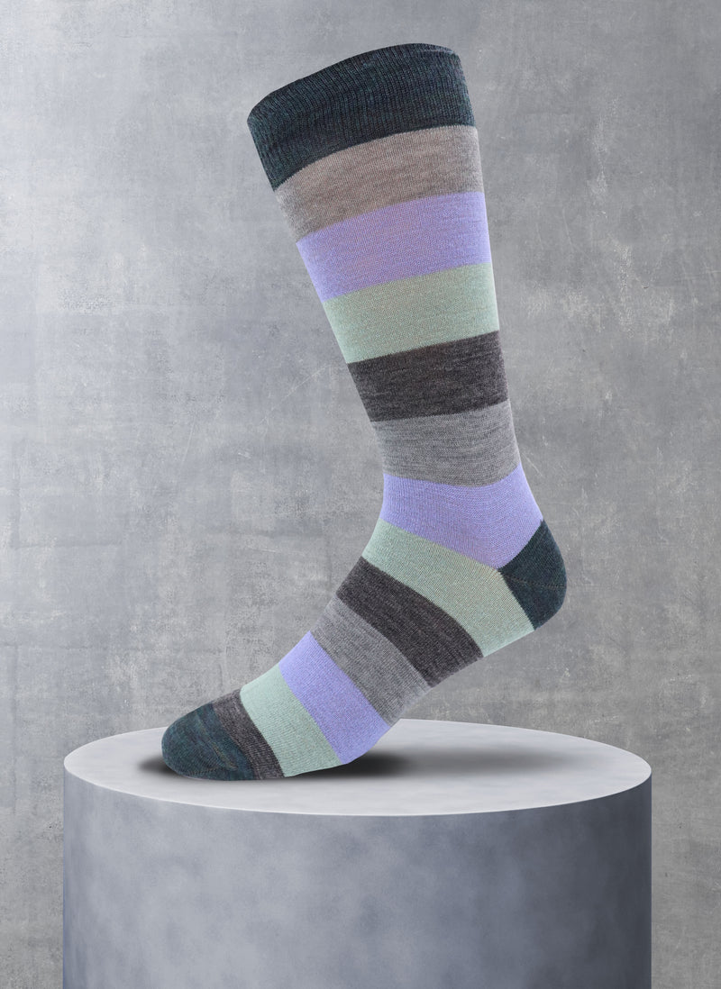 striped wool dress socks Merino Wool Color Block Stripe Sock in Grey & Aqua