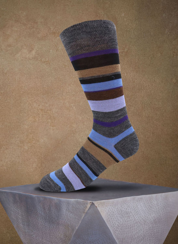Merino Wool Multi Stripe Sock in Light Grey and Blue