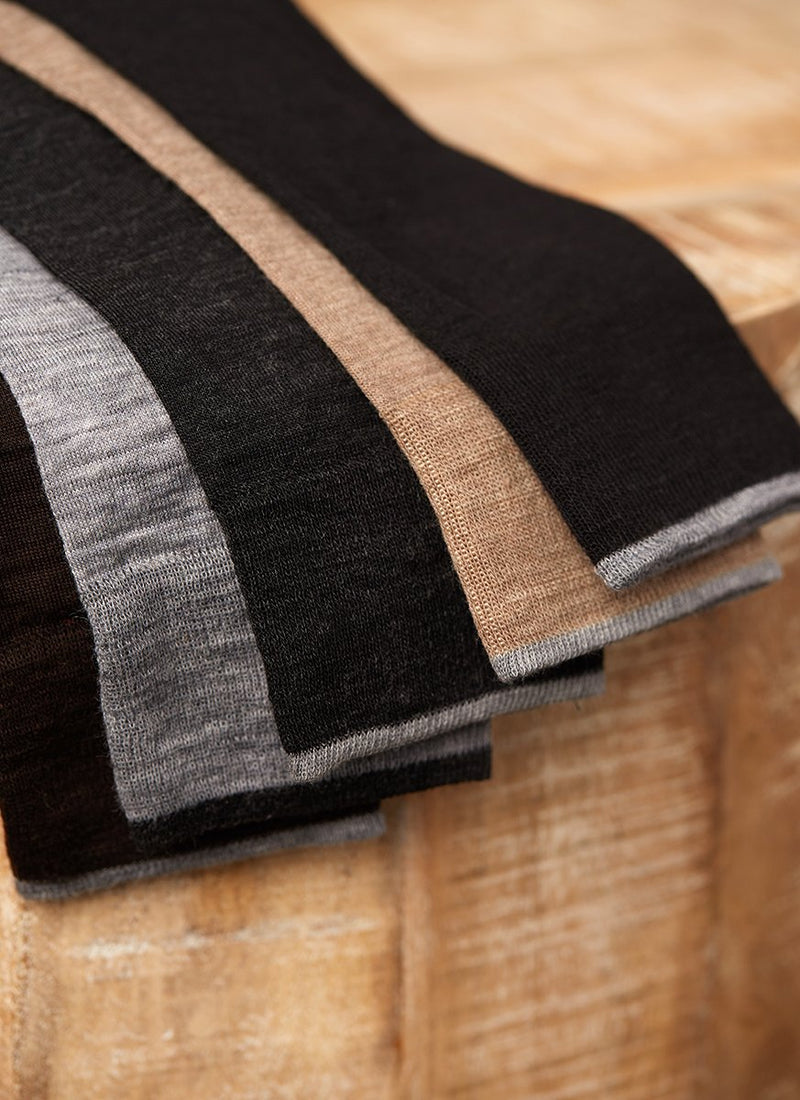 Group Image of Flat Knit Merino Wool Socks in Black, Brown, Charcoal, Light Grey and Taupe