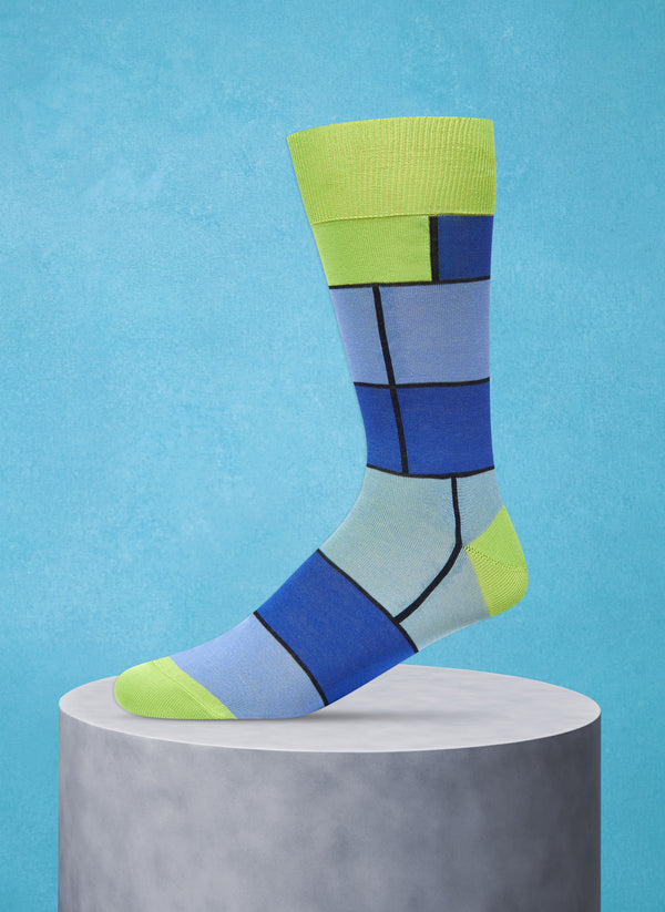Mondrian Square Sock in Lime and Blue