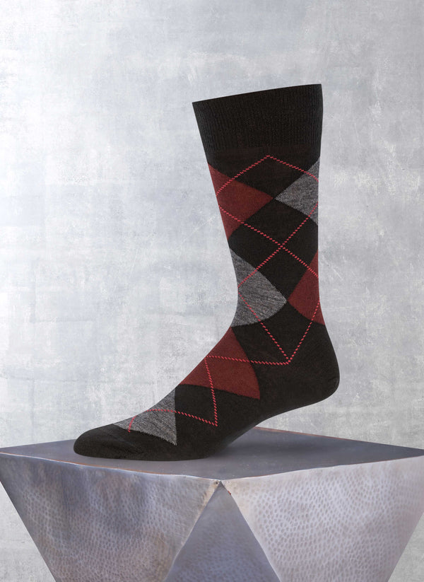 Merino Wool Argyle Sock in Charcoal and Burgundy