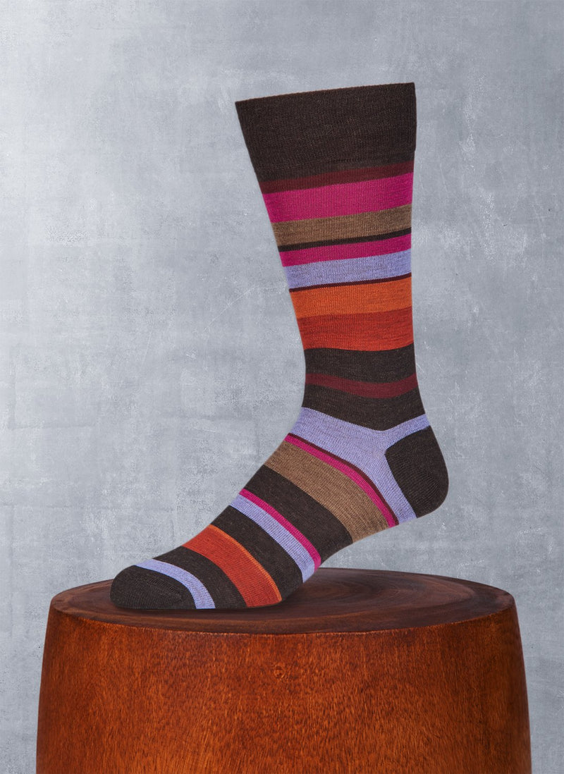 Big and Tall Merino Wool Multi Stripe Sock in Brown