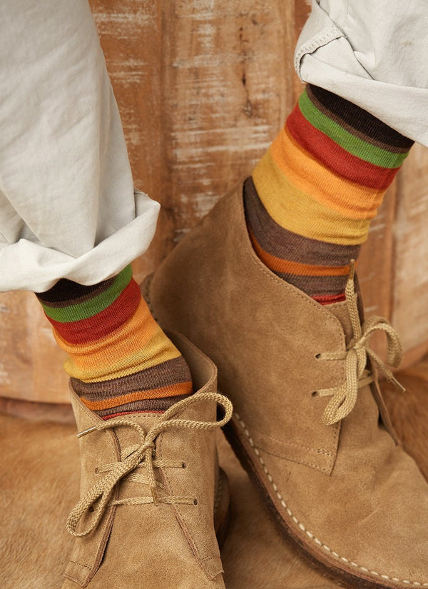 Big and Tall Merino Wool Multi Stripe Sock in Light Brown on boots 