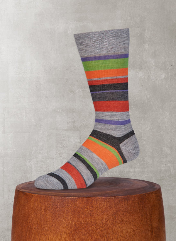 Big and Tall Merino Wool Multi Stripe Sock in Light Grey