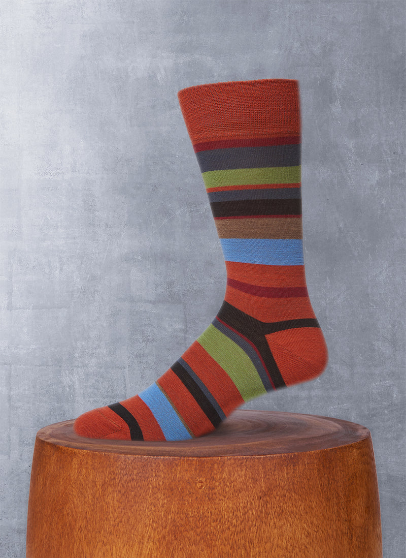 Merino Wool Multi Stripe Sock in Rust