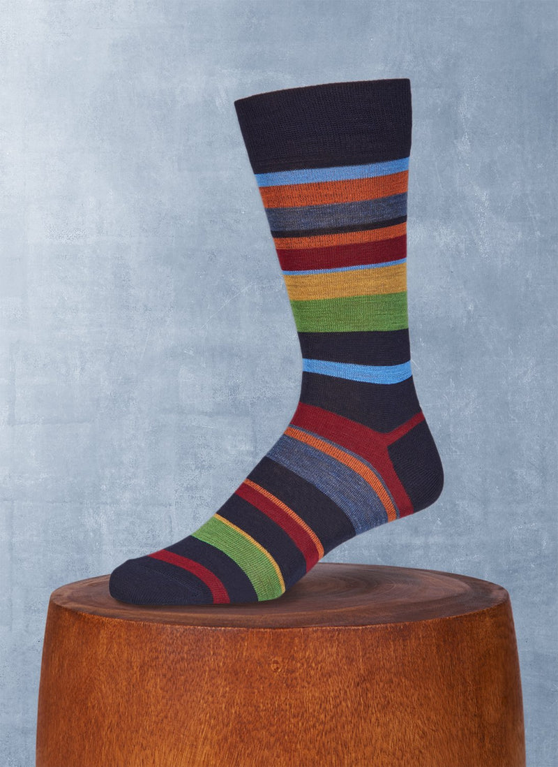 Big and Tall Merino Wool Multi Stripe Sock in Navy