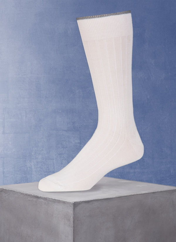 solid rib Mercerized Cotton Sock in White with light grey tipping
