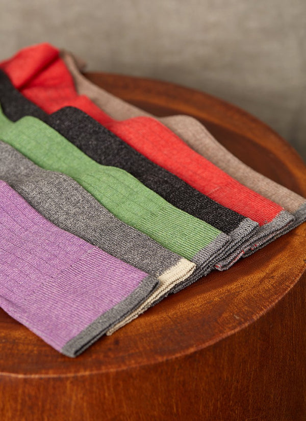 group image of solid rib mercerized cotton socks in tomato red, green, taupe, charcoal, purple and light grey