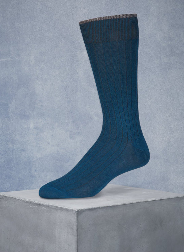 solid rib Mercerized Cotton Sock in Heather Teal with light grey tipping