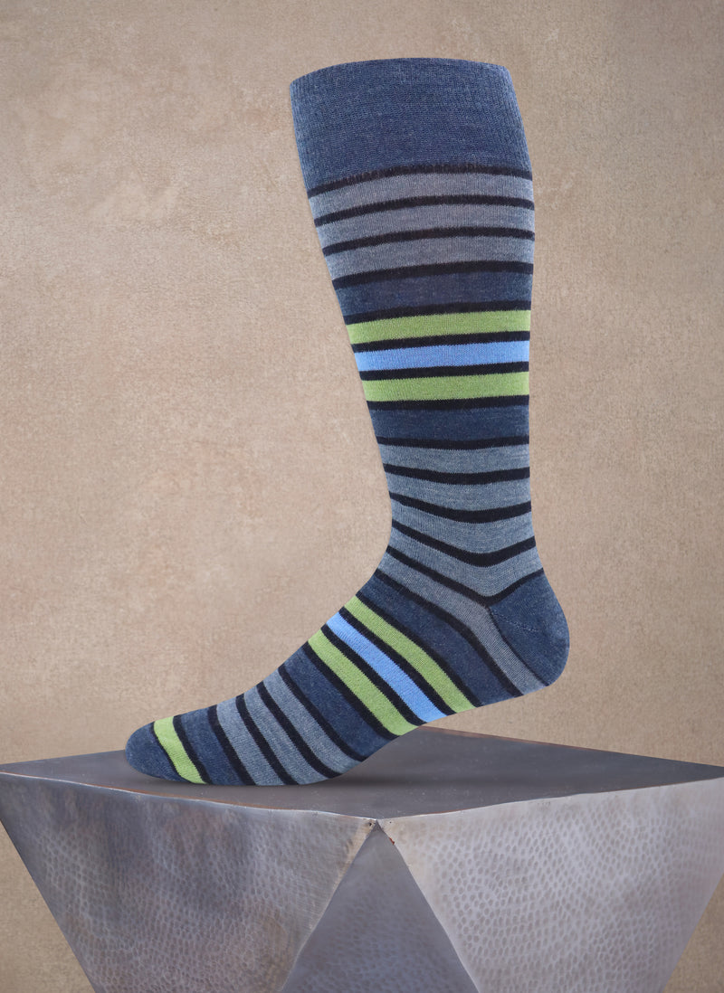 Big and Tall Merino Wool Hexagonal Stripe Sock in Denim