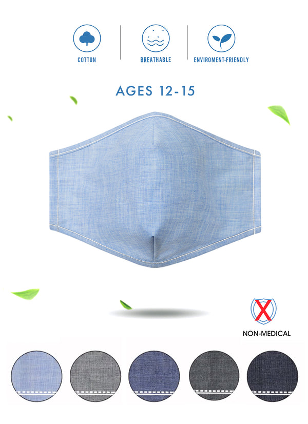 Back to School Denim Non-Medical Masks (Assorted Pack of 5)-Medium Contains one mask with solid pattern in Light Blue, also contains one mask with solid pattern in Grey, also contains one mask with Solid pattern in Medium Blue, also contains one mask with solid pattern in charcoal grey, also contains one mask with solid pattern in dark blue