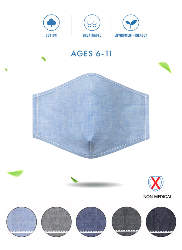Back to School Denim Non-Medical Masks (Assorted Pack of 5)-Small Contains one mask with solid pattern in Light Blue, also contains one mask with solid pattern in Grey, also contains one mask with Solid pattern in Medium Blue, also contains one mask with solid pattern in charcoal grey, also contains one mask with solid pattern in dark blue
