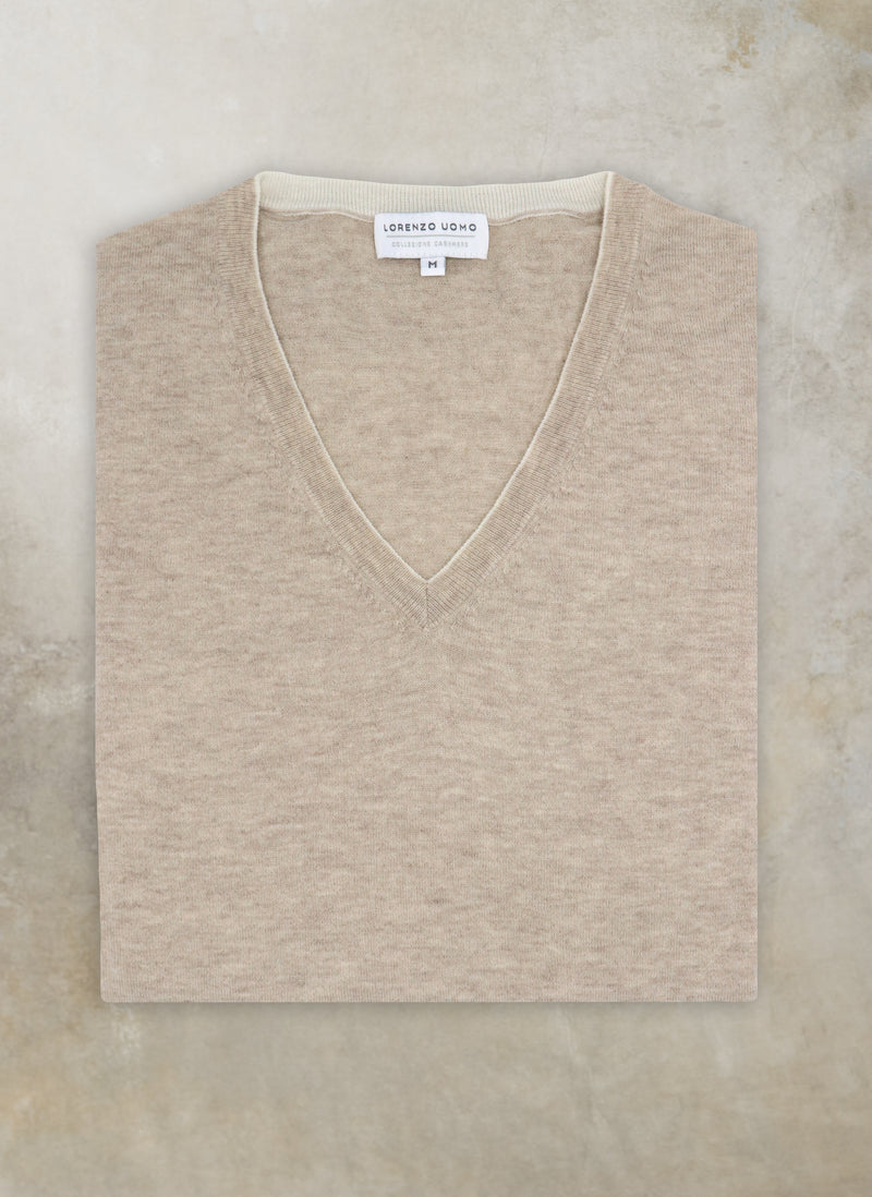 Men's St. Barths Contrast V-Neck Cashmere Sweater in Taupe