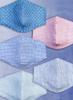 Hamptons Linen Non-Medical Mask (Assorted Pack of 5) Contains one mask with gingham pattern in Blue and White, also contains one mask with micro check in Light Blue and White, also contains one mask with allover floral in Blue, also contains one mask with Gingham pattern in Pink and White, also contains one mask with Stripe pattern in Blue and White