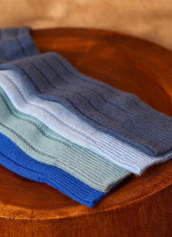 Group image of 75% Cashmere Rib Sock in Royal Blue, Robins Egg, Teal and Light Blue
