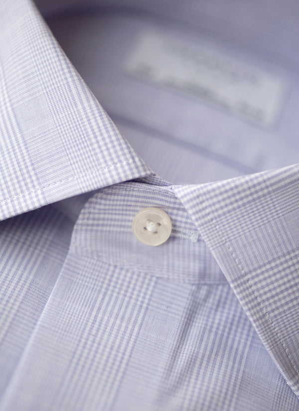 collar detail of purple glen plaid shirt with whtie button
