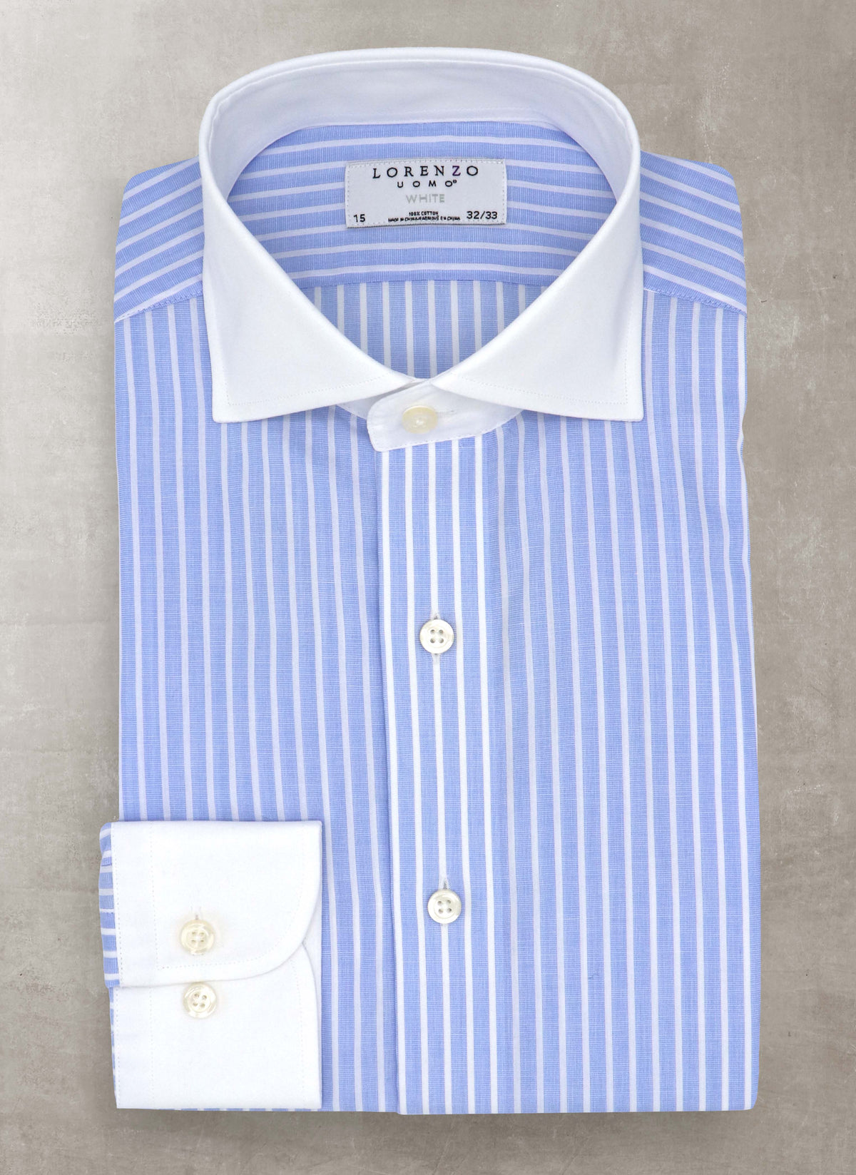 white dress shirt with blue stripes Light Blue Striped Long Sleeve Men Button Up Shirt, White Print Buttoned Collared Dress Shirt with Chest Pocket 2XL main image 0