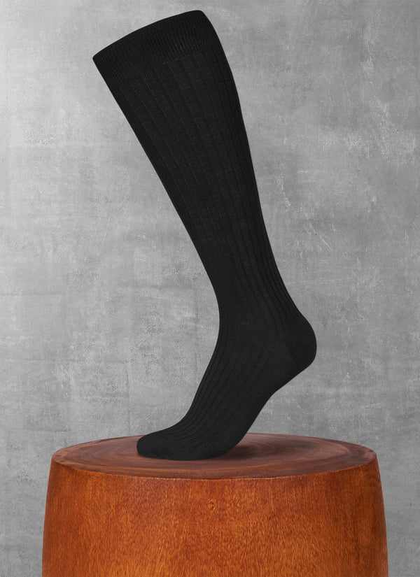Ribbed Merino Wool/Silk Long Sock in Black 