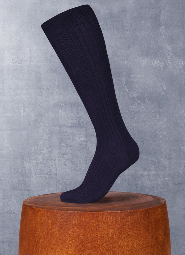 Ribbed Merino Wool/Silk Long Sock in Navy