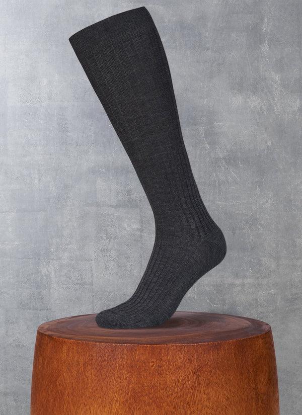 Ribbed Merino Wool/Silk Long Sock in Charcoal