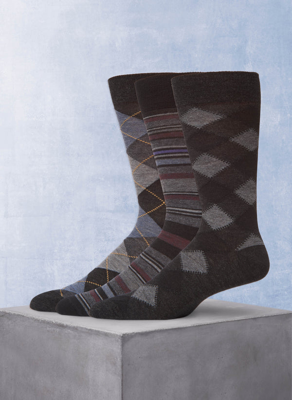 3 Pack Italian Merino Wool Fashion Mid-Calf Socks in Black