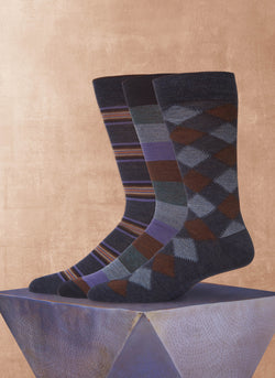 3 Pack Italian Merino Wool Fashion Mid-Calf Socks in Navy
