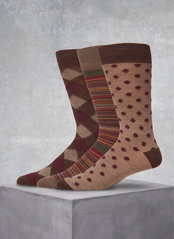 3 Pack Italian Merino Wool Fashion Mid-Calf Socks in Taupe