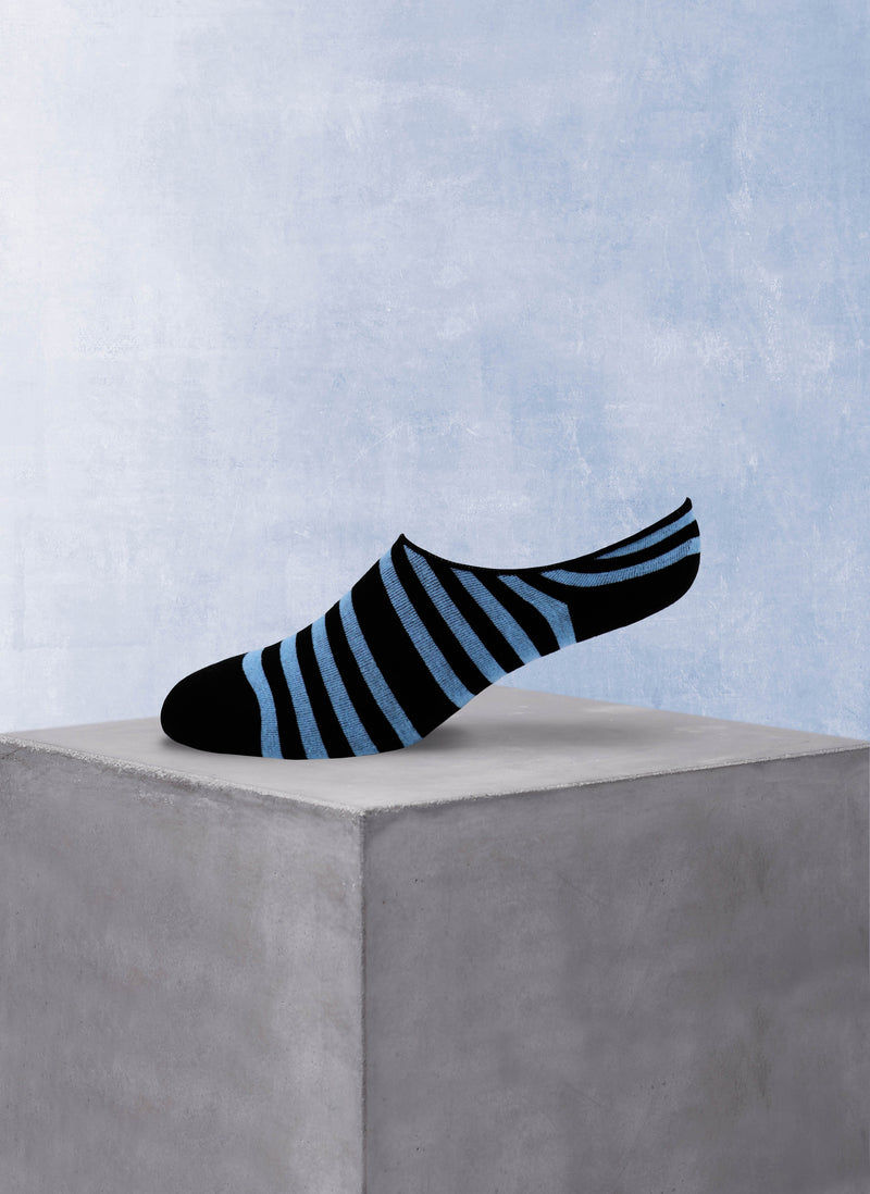 Men's Invisible No Show Socks in Solid Black and Blue Stripe (2-Pack)