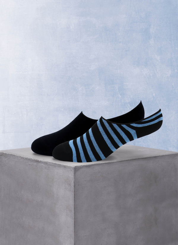 Men's Invisible No Show Socks in Solid Black and Blue Stripe (2-Pack)