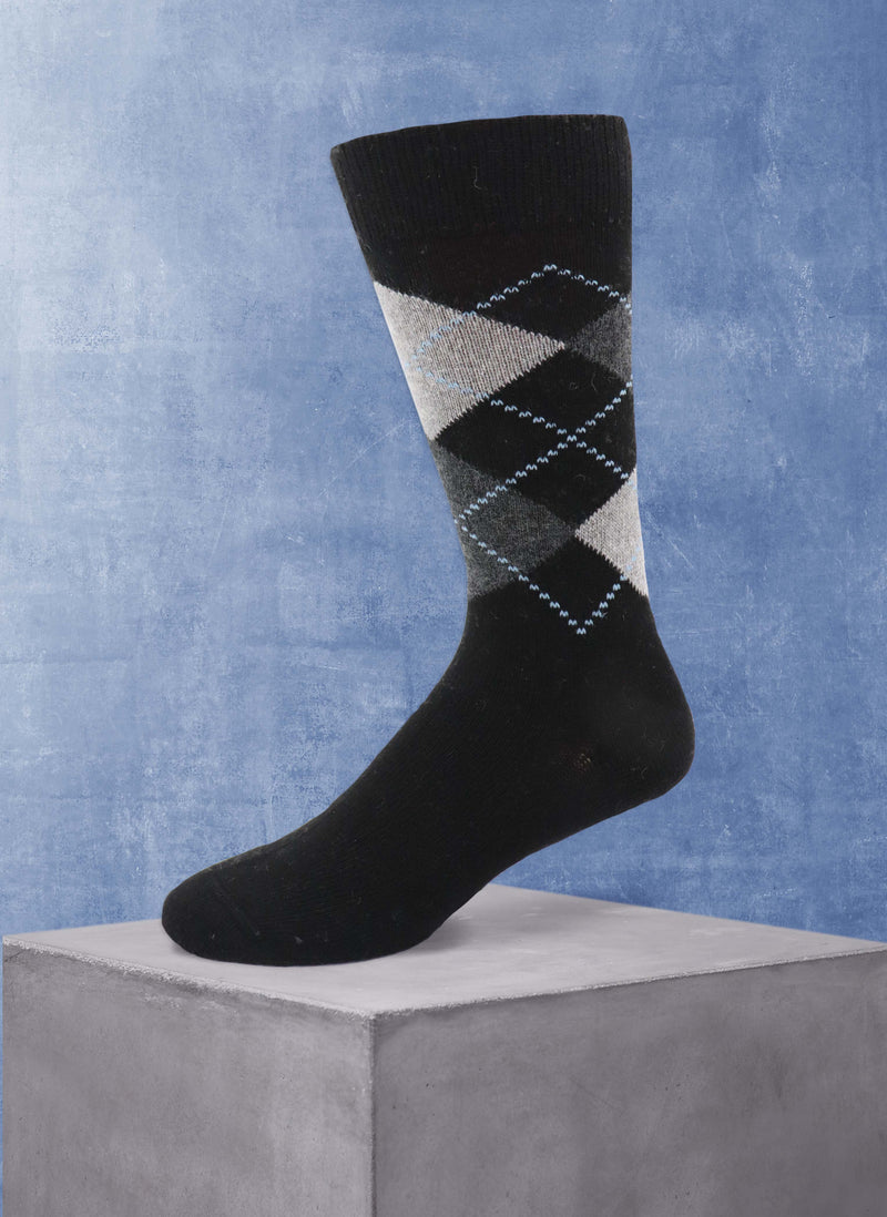 Cashmere Blend Argyle Sock in Black with Charcoal and Light Grey