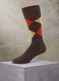 Cashmere Argyle Sock in Brown with Yellow and Orange