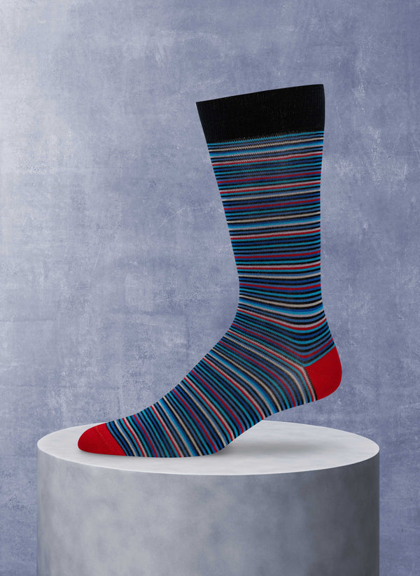 Thin Multi Stripe Sock in Navy and Red