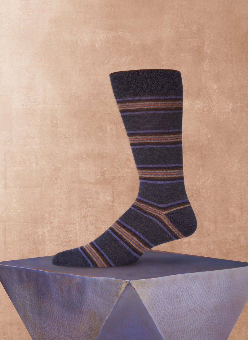 Merino Wool Contrast Stripes Sock in Denim