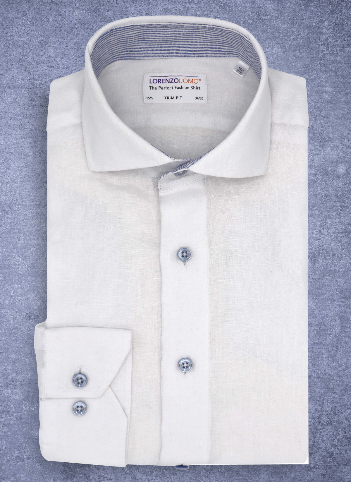Alexander in White Linen with Contrast Collar, Featuring Custom Roll-Up Cuff 18.5 34/35