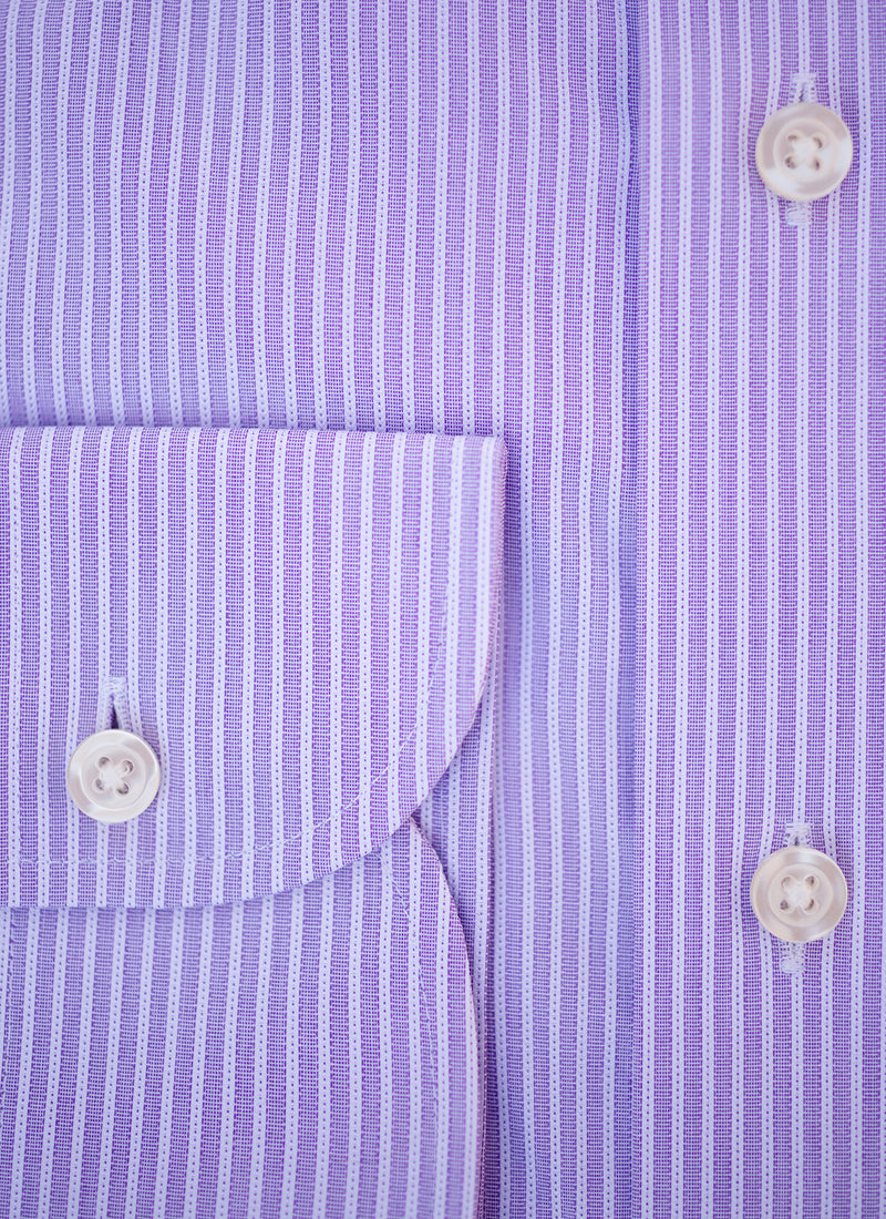 detail image of white buttons and threads on purple stripe shirt