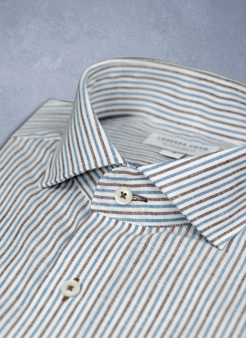 collar detail of Alexander in Earth and Blue Stripe Shirt 