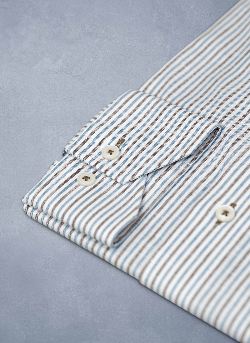 cuff detail of Alexander in Earth and Blue Stripe Shirt 