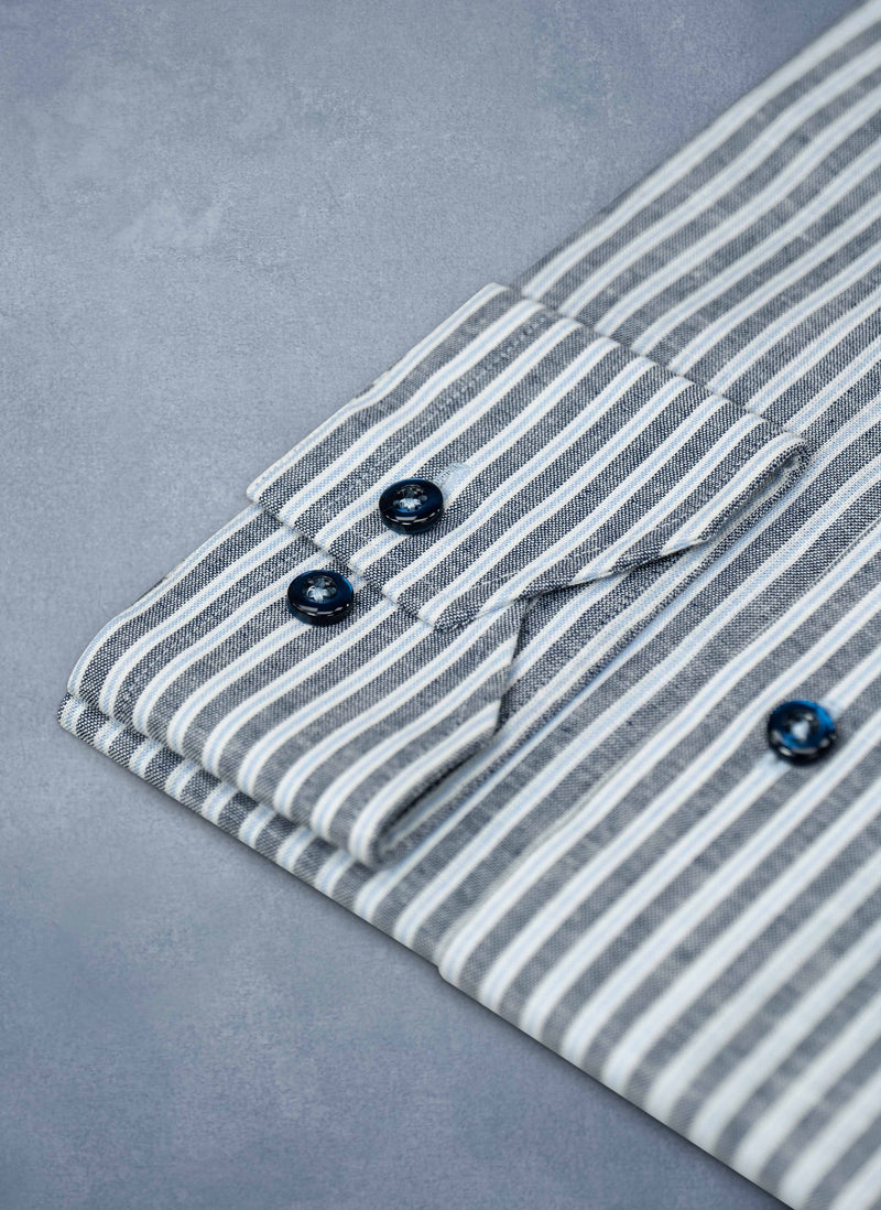 cuff navy button detail of Alexander in Navy & Blue Stripe Shirt 