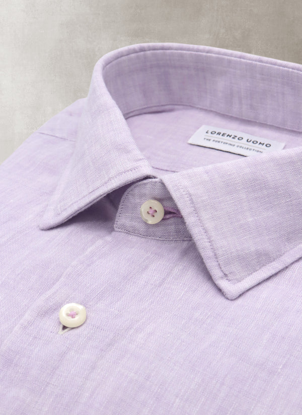 Alexander in Lavender Linen Shirt with white buttons and purple button hole and purple button thread