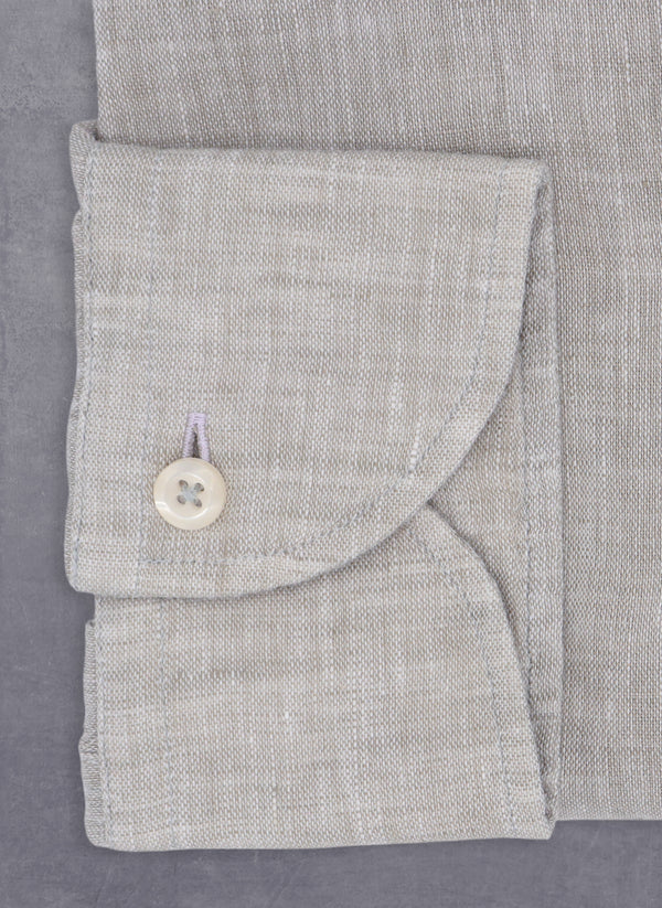 solid light grey linen shirt with white buttons