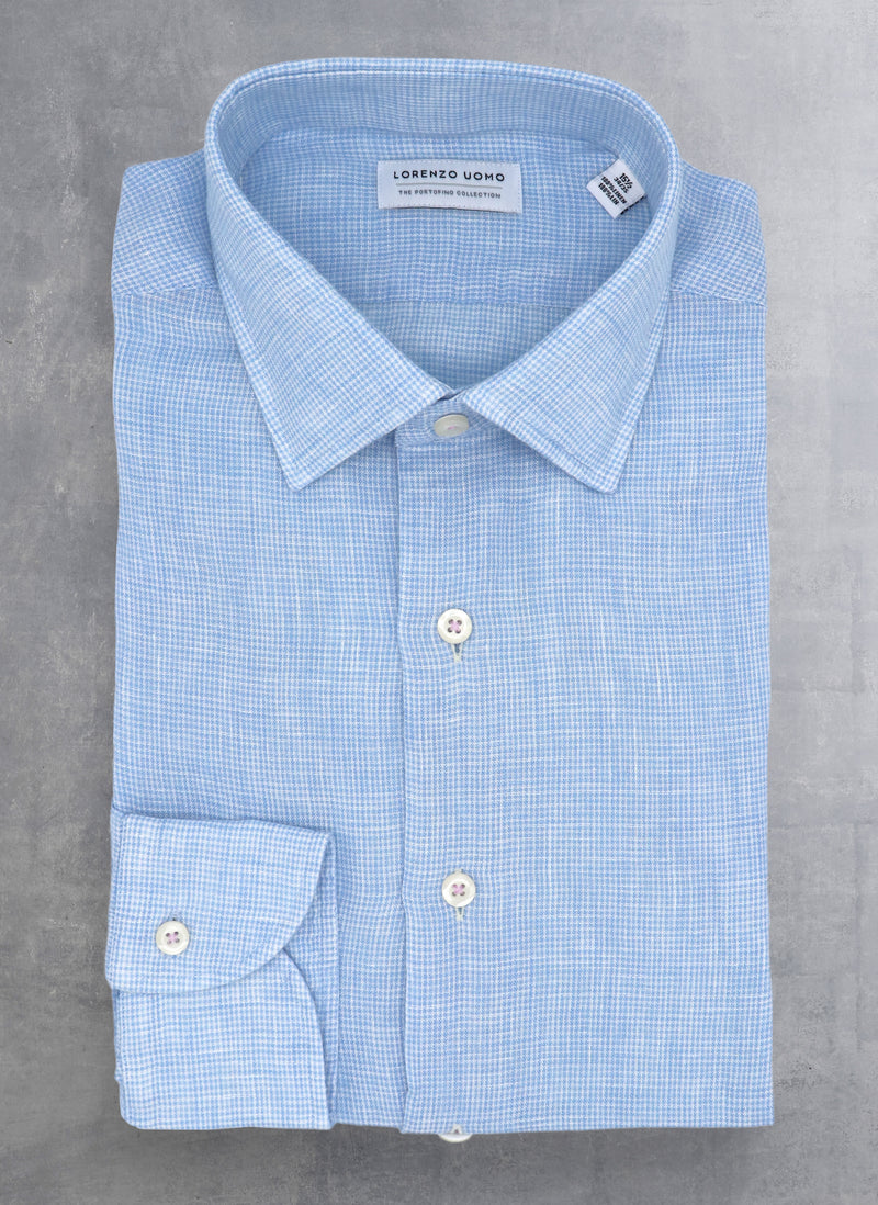 light blue linen gingham shirt with white buttons and contrasting button threads