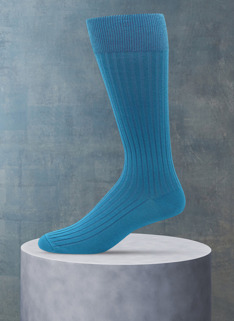 Short Ribbed Egyptian Cotton Sock in Aqua Blue
