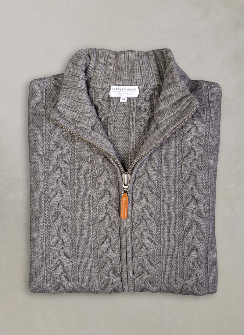 Men's Aspen Cable Full Zip Up Cashmere Sweater in Heather Grey