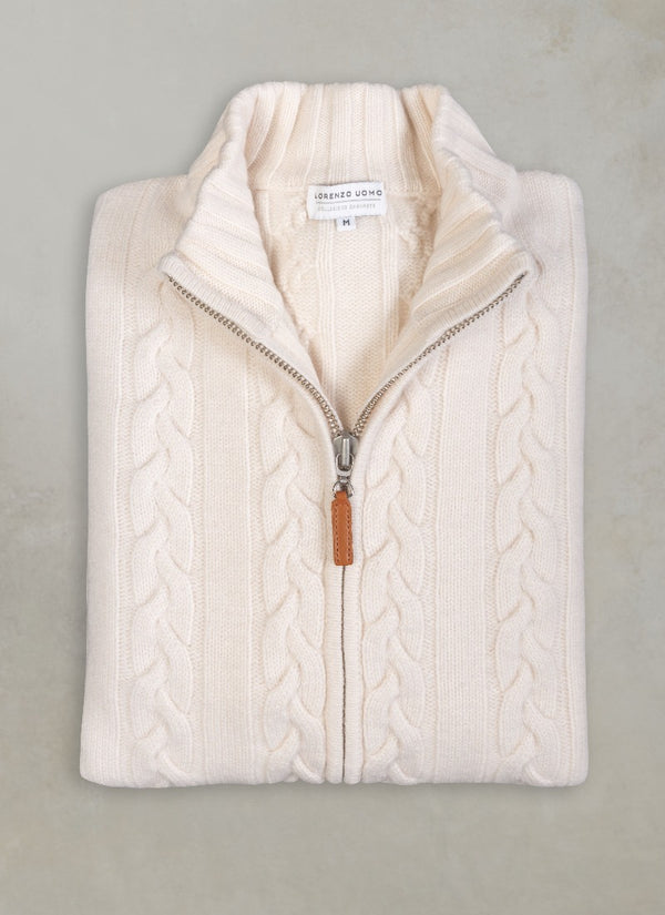 Men's Aspen Cable Full Zip Up Cashmere Sweater in Ivory