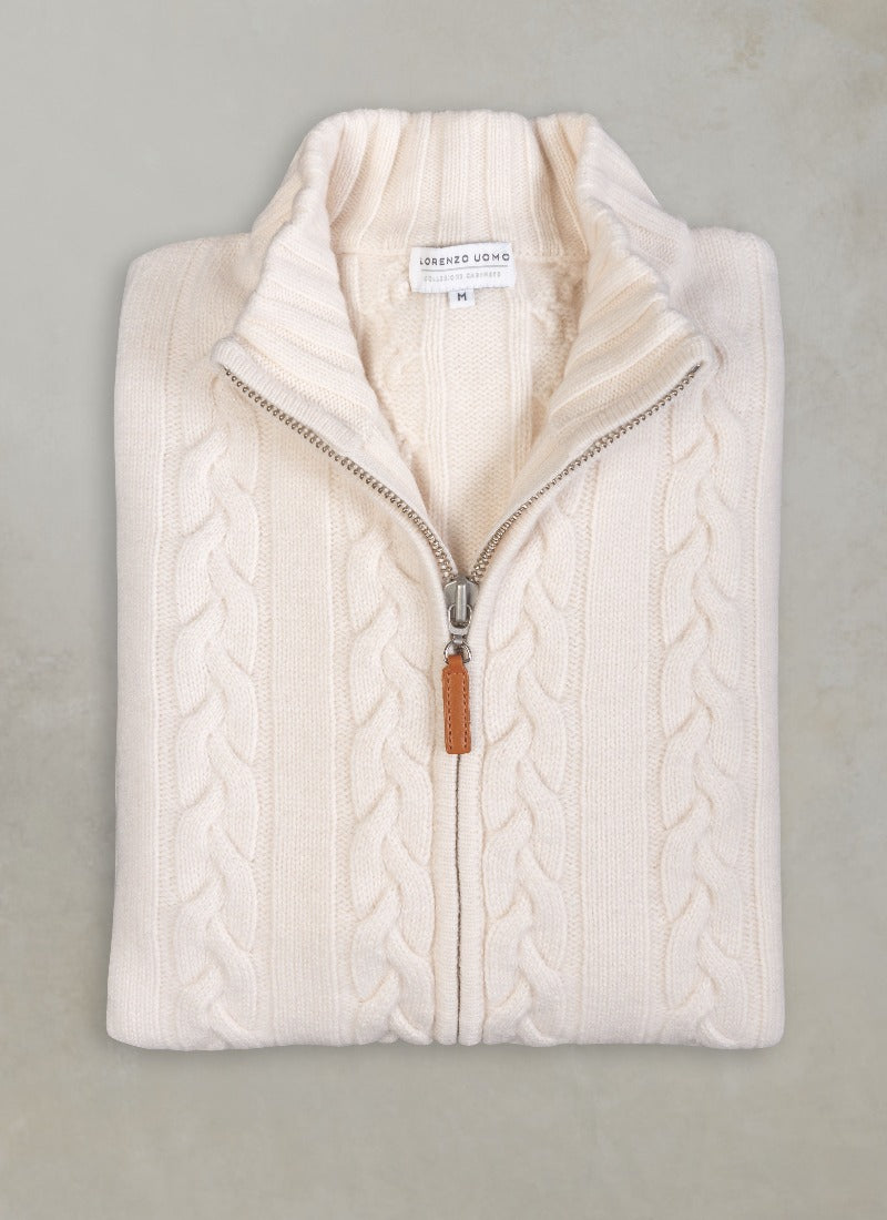 flat lay image of men's cable full zip up cashmere sweater in ivory
