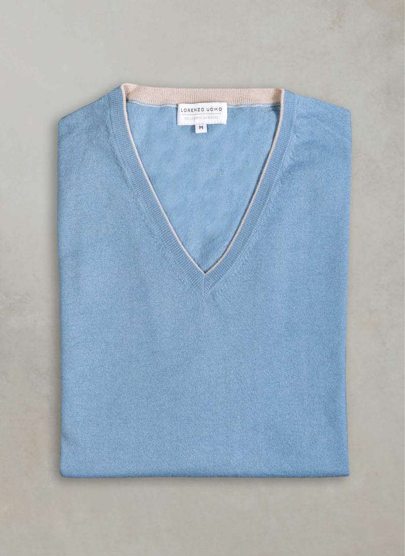 Men's St. Barths Contrast V-Neck Cashmere Sweater in Sky Blue