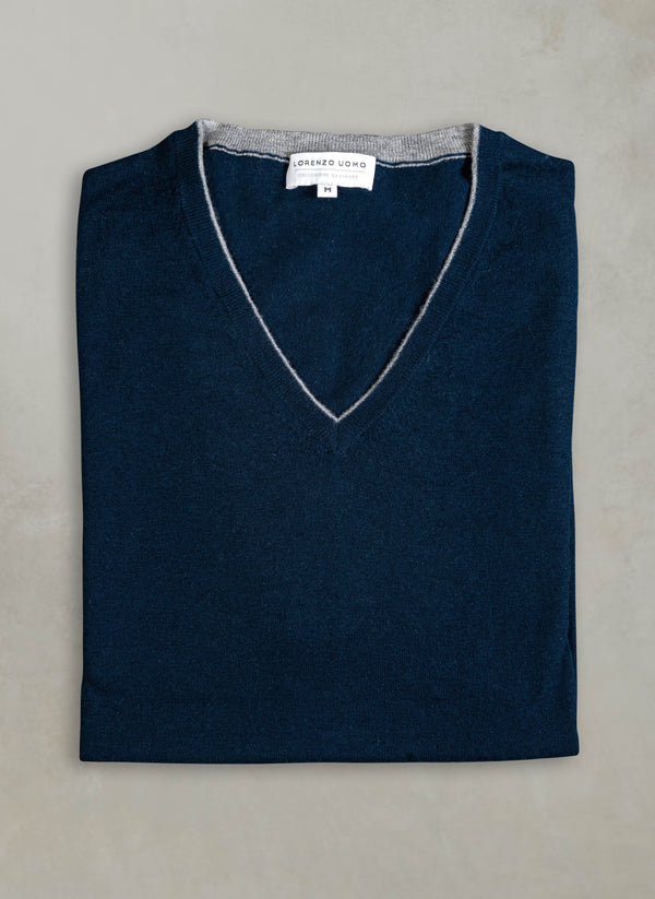 Contrast V-Neck Cashmere Sweater in Navy