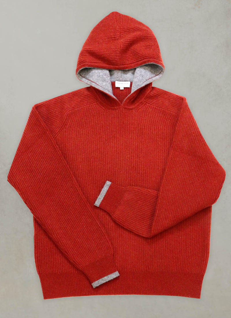 flat lay image of our men's zermatt plush and luxurious cashmere ribbed hoodie in cinna