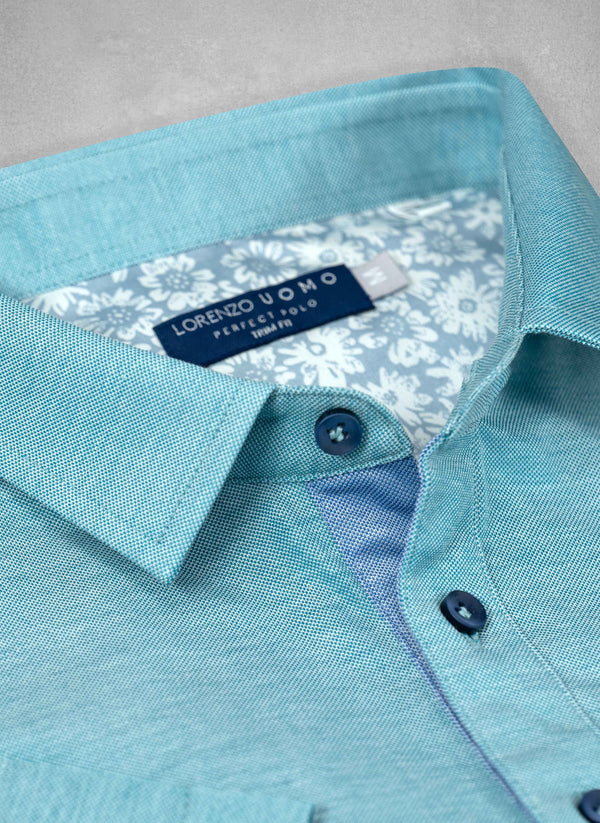 Polo Shirt in Sea-foam Collar with Navy Buttons